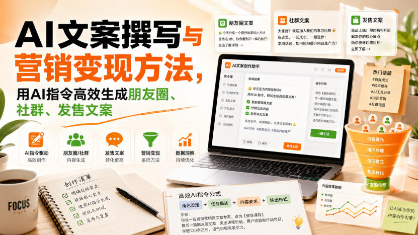 AI文案撰写与营销变现方法，用AI指令高效生成朋友圈、社群、发售文案 - 臻优资源网