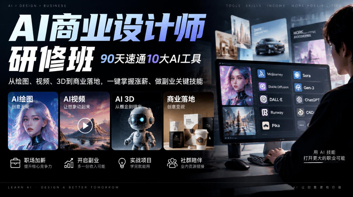 AI商业设计师研修班，90天速通10大AI工具，从绘图、视频、3D到商业落地，一键掌握涨薪、做副业关键技能 - 臻优资源网