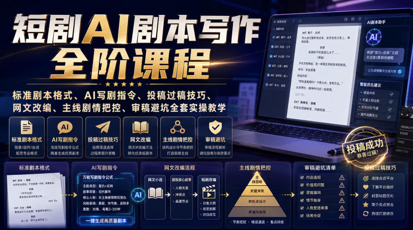 短剧AI剧本写作全阶课程｜标准剧本格式、AI写剧指令、投稿过稿技巧、网文改编、主线剧情把控、审稿避坑全套实操教学 - 臻优资源网