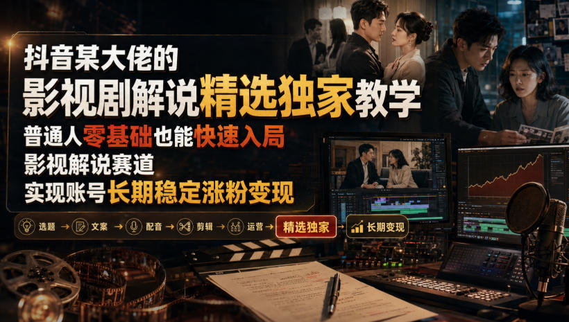 抖音某大佬的影视剧解说精选独家教学，普通人零基础也能快速入局影视解说赛道，实现账号长期稳定变现 - 臻优资源网