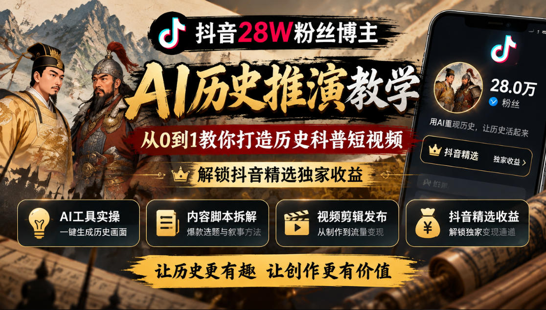 抖音28W粉丝博主的AI历史推演教学，从0到1教你打造历史科普短视频，解锁抖音精选独家收益 - 臻优资源网