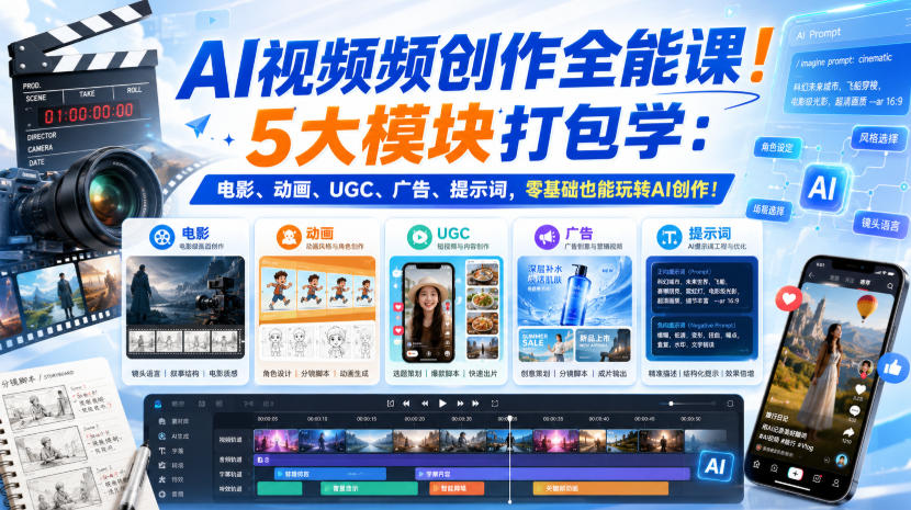 AI视频频创作全能课！5大模块打包学：电影、动画、UGC、广告、提示词，零基础也能玩转AI创作！【原创双语字幕】 - 臻优资源网