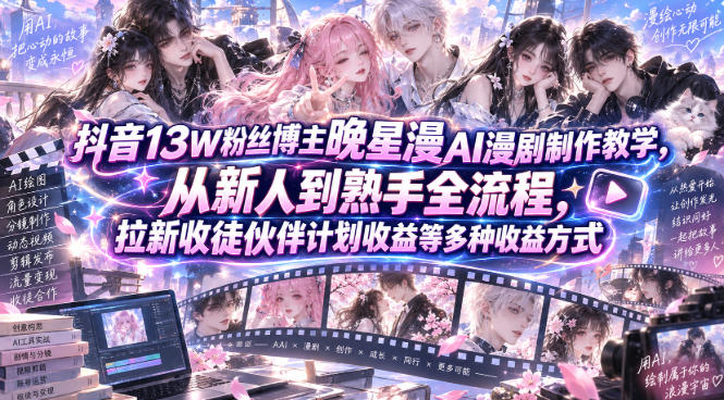 抖音13W粉丝博主晚星漫AI漫剧制作教学，从新人到熟手全流程，拉新收徒伙伴计划收益等多种收益方式，单日1K+ - 臻优资源网