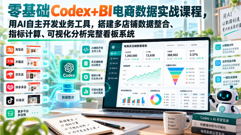 零基础Codex+BI电商数据实战课程，用AI自主开发业务工具，搭建多店铺数据整合、指标计算、可视化分析完整看板系统 - 臻优资源网