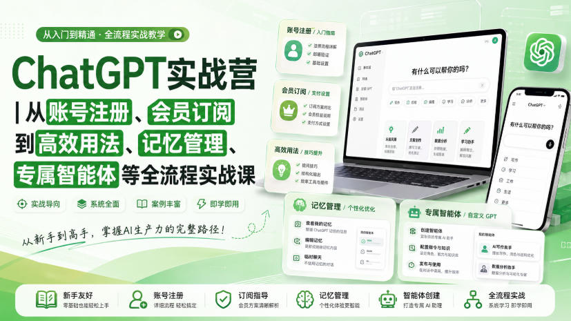 ChatGPT实战营｜从账号注册、会员订阅到高效用法、记忆管理、专属智能体等全流程实战课 - 臻优资源网