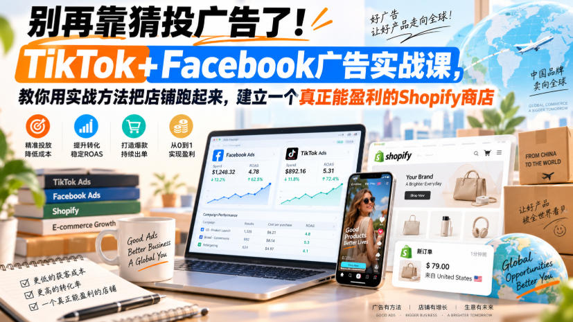 别再靠猜投广告了！TikTok+Facebook广告实战课，教你用实战方法把店铺跑起来，建立一个真正能盈利的Shopify商店【原创双语字幕】 - 臻优资源网
