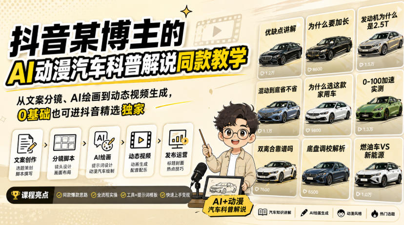 抖音某博主的AI动漫汽车科普解说同款教学，从文案分镜、AI绘画到动态视频生成，0基础解锁抖音精选独家收益 - 臻优资源网