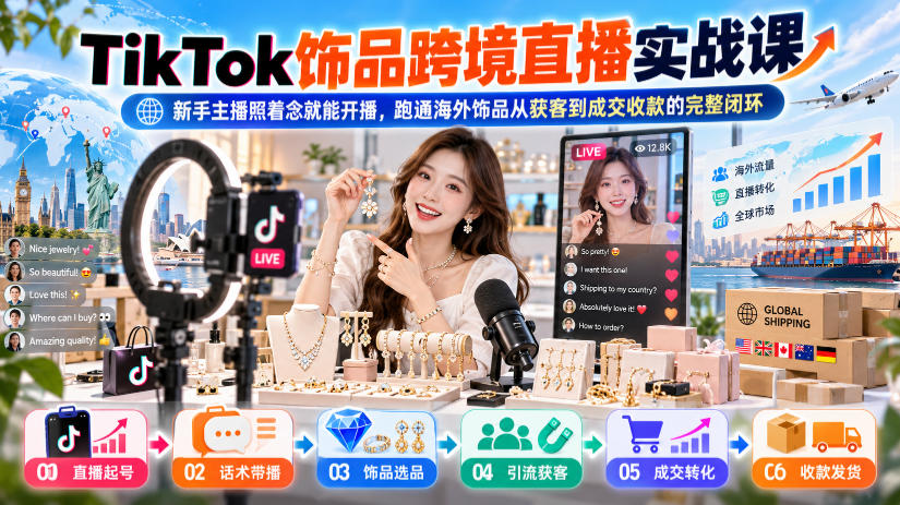 TikTok饰品跨境直播实战课，新手主播照着念就能开播，跑通海外饰品从获客到成交收款的完整闭环 - 臻优资源网