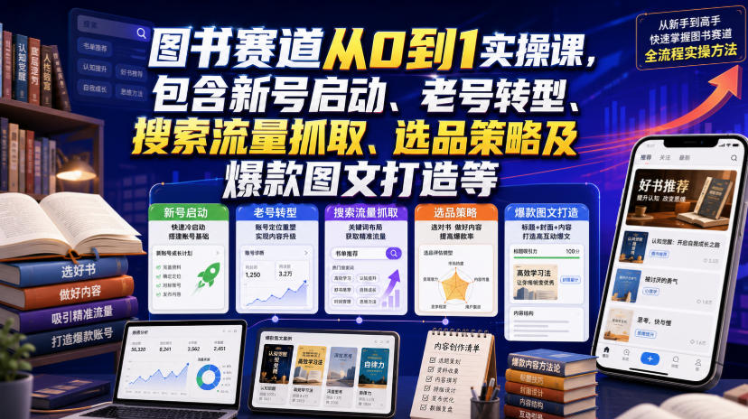 图书赛道从0到1实操课，包含新号启动、老号转型、搜索流量抓取、选品策略及爆款图文打造等 - 臻优资源网