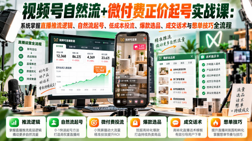 视频号自然流+微付费正价起号实战课：系统掌握直播推流逻辑、自然流起号、低成本投流、爆款选品、成交话术与憋单技巧全流程 - 臻优资源网
