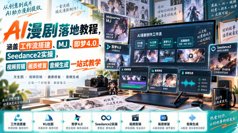 AI漫剧落地教程，涵盖工作流搭建、MJ、即梦4.0、Seedance2实操，视频剪辑画质修复音频生成一站式教学 - 臻优资源网