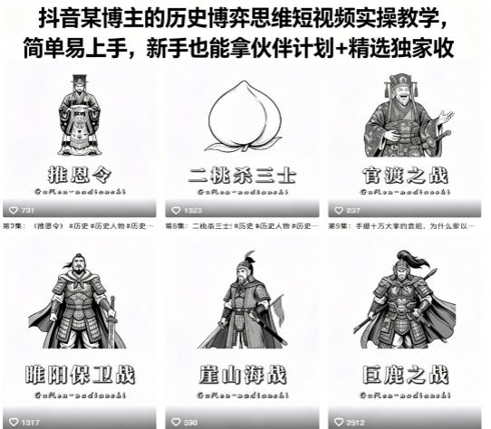 抖音某博主的历史博弈思维短视频实操教学，简单易上手，新手也能拿伙伴计划+精选独家收益 - 臻优资源网