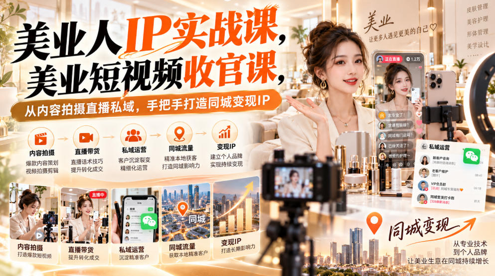 【无水印】美业人IP实战课，美业短视频收官课，从内容拍摄直播私域，手把手打造同城变现IP - 臻优资源网
