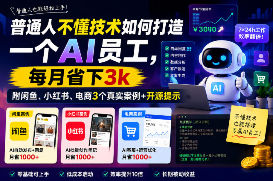普通人不懂技术如何打造一个AI员工，每月省下3k，附闲鱼、小红书、电商3个真实案例+开源提示【文档】 - 臻优资源网