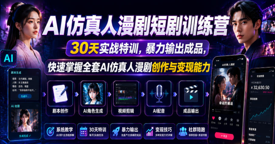AI仿真人漫剧短剧训练营，30天实战特训，暴力输出成品，快速掌握全套AI仿真人漫剧创作与变现能力 - 臻优资源网