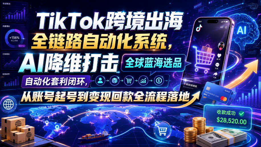 TikTok跨境出海全链路自动化系统，AI降维打击全球蓝海选品自动化套利闭环，从账号起号到变现回款全流程落地（2026年7月） - 臻优资源网