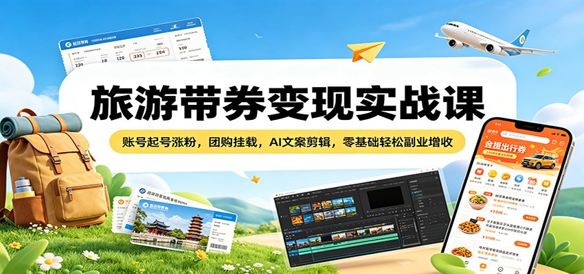 旅游带券变现实战课：账号起号涨粉，团购挂载，AI文案剪辑，零基础轻松副业增收 - 臻优资源网