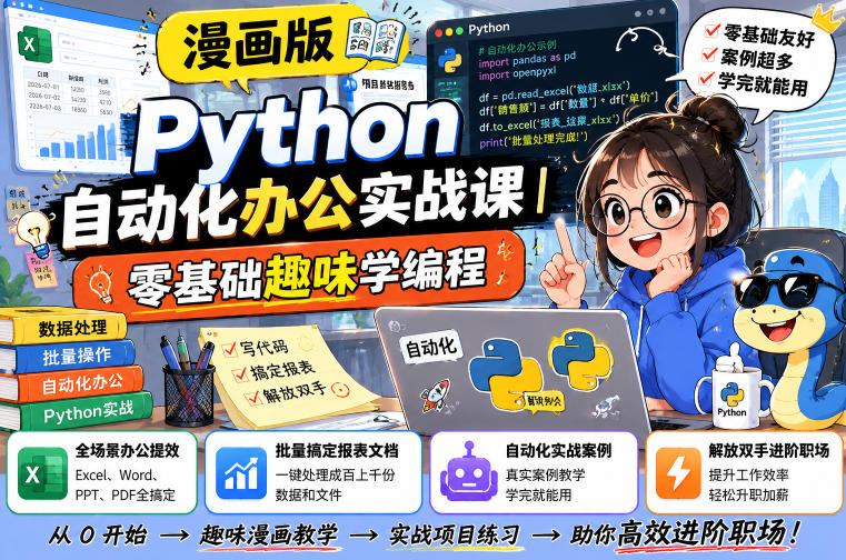 漫画版Python自动化办公实战课｜零基础趣味学编程，全场景办公提效、批量搞定报表文档、解放双手进阶职场 - 臻优资源网