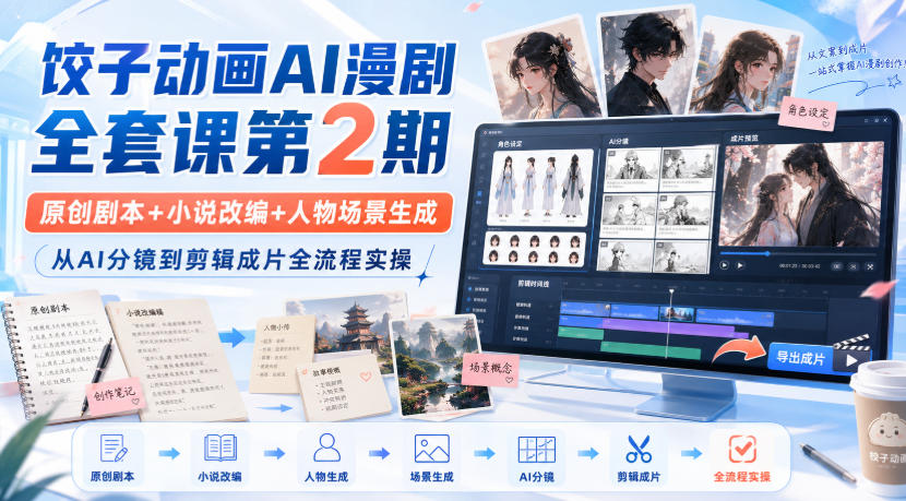 饺子动画AI漫剧全套课第2期：原创剧本+小说改编+人物场景生成，从AI分镜到剪辑成片全流程实操 - 臻优资源网