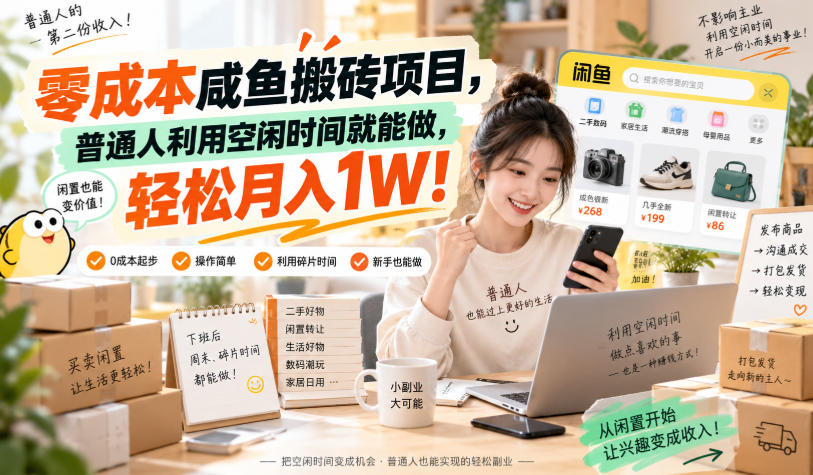 零成本咸鱼搬砖项目，普通人利用空闲时间就能做，轻松月入1W！【揭秘】 - 臻优资源网