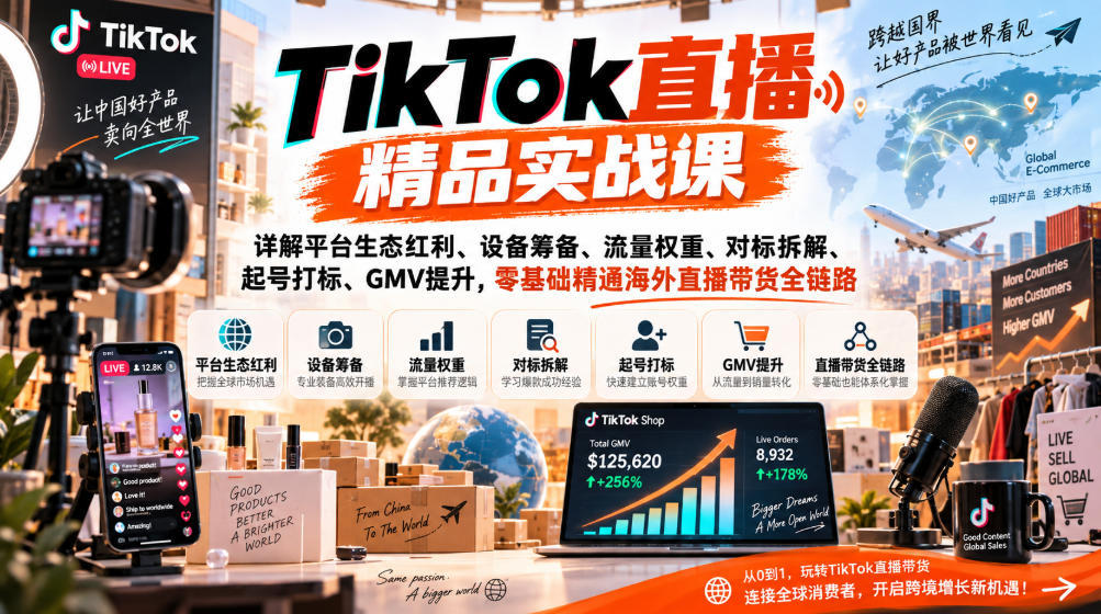 TikTok直播精品实战课，详解平台生态红利、设备筹备、流量权重、对标拆解、起号打标、GMV提升，零基础精通海外直播带货全链路 - 臻优资源网