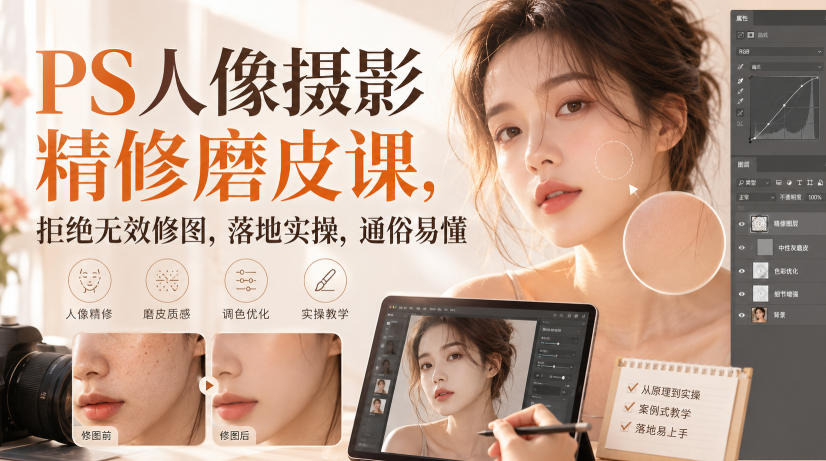 PS人像摄影精修磨皮课，拒绝无效修图，落地实操，通俗易懂 - 臻优资源网
