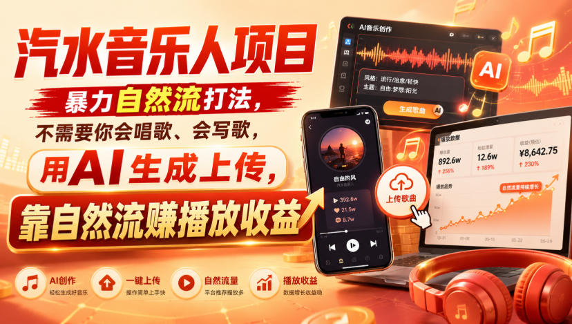 汽水音乐人项目，暴力自然流打法，不需要你会唱歌、会写歌，用AI生成上传，靠自然流賺播放收益 - 臻优资源网