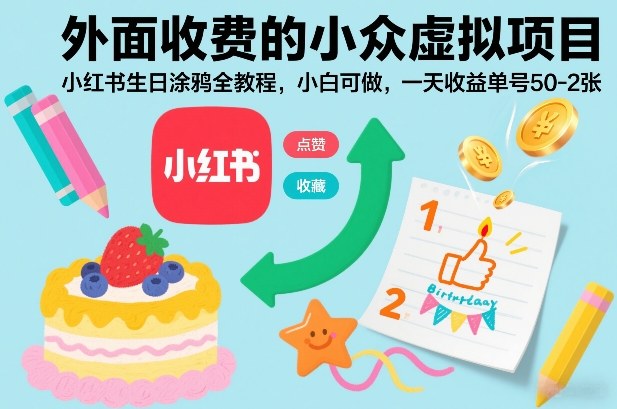 外面收费的小众虚拟项目，小红书生日涂鸦全教程，小白可做，一天收益单号50-2张 - 臻优资源网