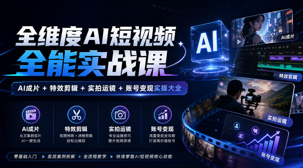 全维度AI短视频全能实战课，AI成片+特效剪辑+实拍运镜+账号变现实操大全 - 臻优资源网