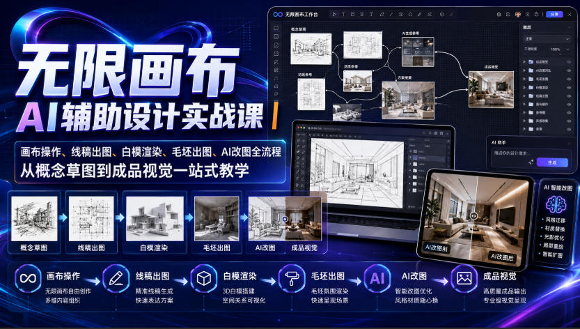 无限画布AI辅助设计实战课｜画布操作、线稿出图、白模渲染、毛坯出图、AI改图全流程，从概念草图到成品视觉一站式教学 - 臻优资源网