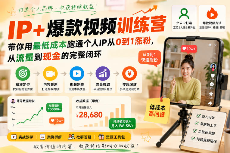 IP+爆款视频训练营，带你用最低成本跑通个人IP从0到1涨粉，从流量到现金的完整闭环（更新） - 臻优资源网