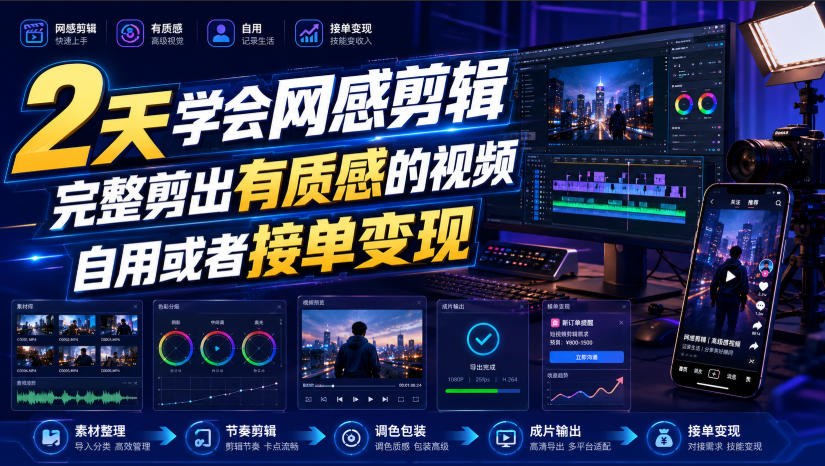 2天学会网感剪辑，完整剪出有质感的视频，自用或者接单变现 - 臻优资源网