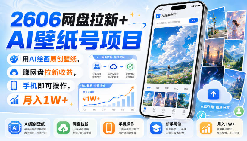 2606网盘拉新+AI壁纸号项目，用AI绘画原创壁纸，賺网盘拉新收益，手机即可操作，月入1W+ - 臻优资源网