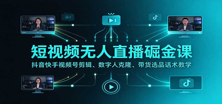 短视频无人直播掘金课：抖音快手视频号剪辑、数字人克隆、带货选品话术教学 - 臻优资源网
