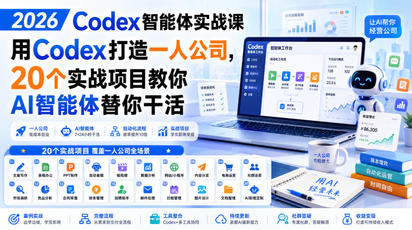 2026 Codex智能体实战课，用Codex打造一人公司，20个实战项目教你AI智能体替你干活 - 臻优资源网