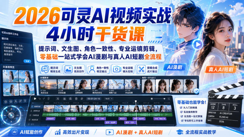 2026可灵AI视频实战4小时干货课｜提示词、文生图、角色一致性、专业运镜剪辑，零基础一站式学会AI漫剧与真人AI短剧全流程 - 臻优资源网