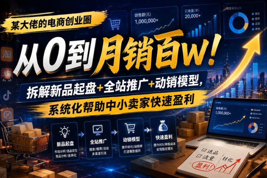 某大佬的电商创业圈从0到月销百W！拆解新品起盘+全站推广+动销模型，系统化帮助中小卖家快速盈利 - 臻优资源网