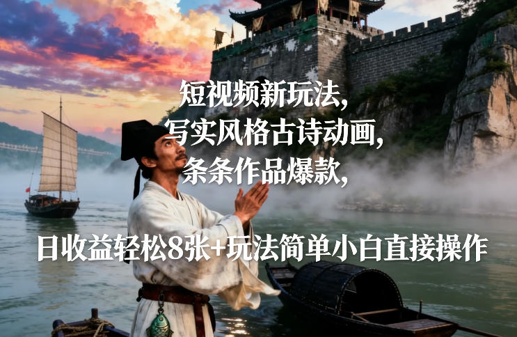 短视频新玩法,写实风格古诗动画,条条作品爆款,日收益轻松8张+玩法简单小白直接操作 - 臻优资源网