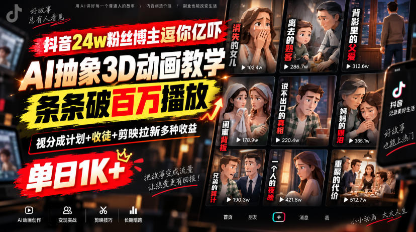 抖音24w粉丝博主逗你亿吓AI抽象3D动画教学，条条破百万播放，分成计划+收徒+剪映拉新多种收益，单日1K+ - 臻优资源网