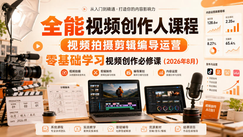 全能视频创作人课程，视频拍摄剪辑编导运营，零基础学习视频创作必修课（2026年8月） - 臻优资源网