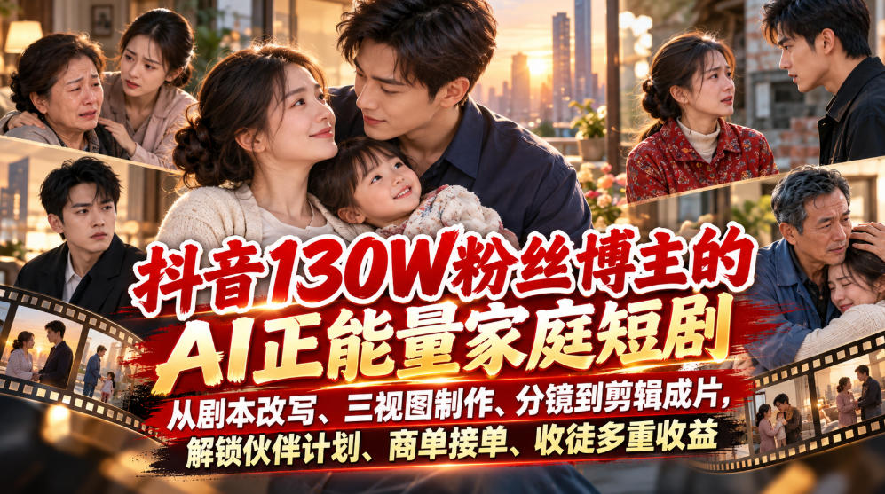抖音130W粉丝博主的AI正能量家庭短剧，从剧本改写、三视图制作、分镜到剪辑成片，解锁伙伴计划、商单接单、收徒多重收益 - 臻优资源网