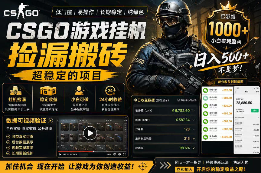 CSGO游戏搬砖，全自动挂G，不需要玩游戏，手机操作日入300+，解放双手【揭秘】 - 臻优资源网