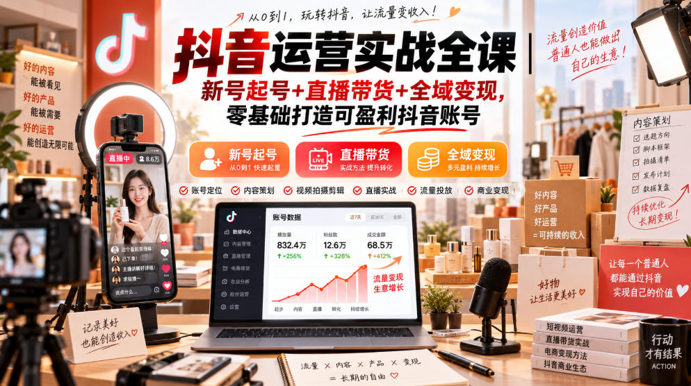 抖音运营实战全课｜新号起号+直播带货+全域变现，零基础打造可盈利抖音账号 - 臻优资源网