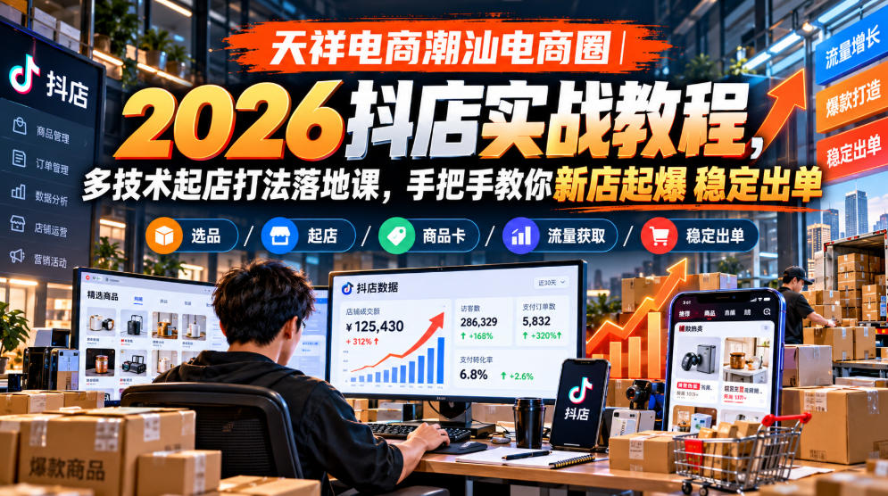 天祥电商潮汕电商圈｜2026抖店实战教程，多技术起店打法落地课，手把手教你新店起爆稳定出单 - 臻优资源网
