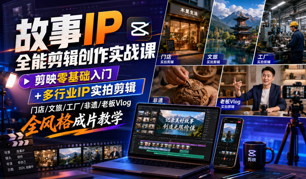 故事IP全能剪辑创作实战课｜剪映零基础入门+多行业IP实拍剪辑，门店/文旅/工厂/非遗/老板Vlog全风格成片教学 - 臻优资源网