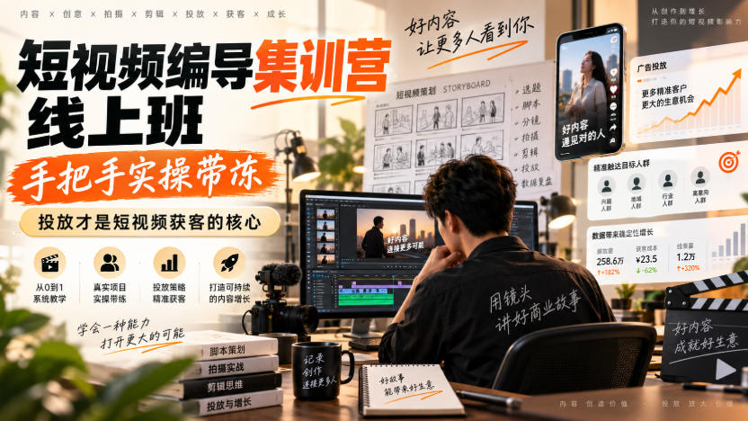 短视频编导集训营线上班，手把手实操带冻，投放才是短视频获客的核心 - 臻优资源网