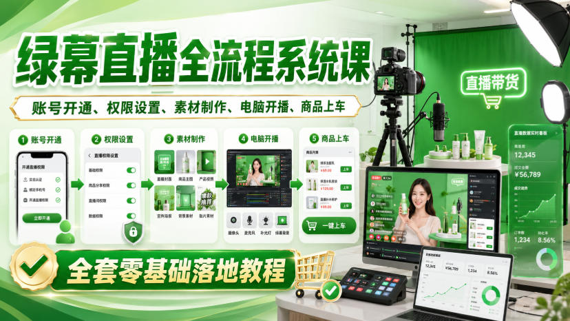 绿幕直播全流程系统课，账号开通、权限设置、素材制作、电脑开播、商品上车全套零基础落地教程 - 臻优资源网