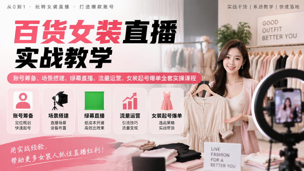 百货女装直播实战教学｜账号筹备、场景搭建、绿幕直播、流量运营、女装起号爆单全套实操课程 - 臻优资源网