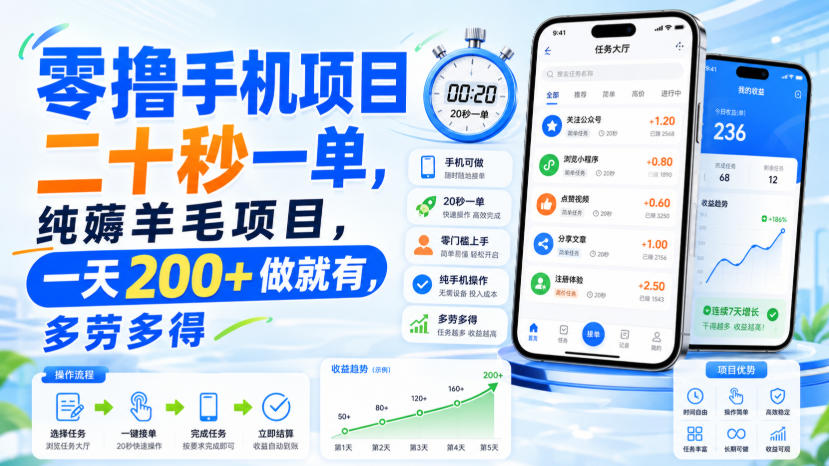 零撸手机项目，二十秒一单，纯薅羊毛项目，一天200+做就有，多劳多得【揭秘】 - 臻优资源网