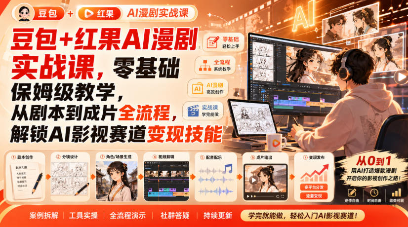 豆包+红果AI漫剧实战课，零基础保姆级教学，从剧本到成片全流程，解锁AI影视赛道变现技能 - 臻优资源网